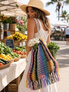 Multicolor Fringe Mesh Tote Bag for Women